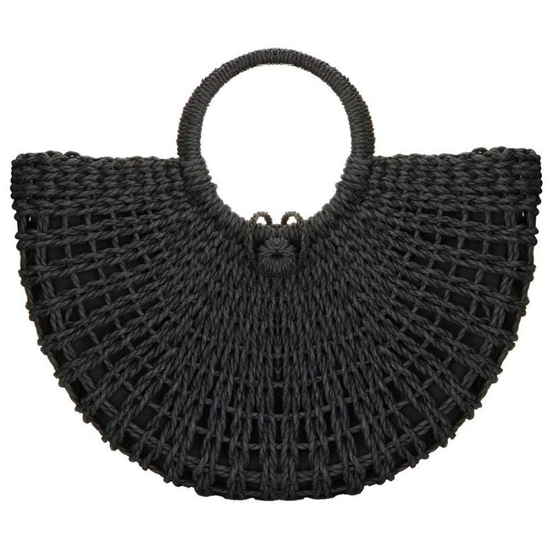 Gets Handwoven Rattan Top-handle Bag for Women Bohemian Round Straw Tote Bag Beach Large Carrying Handbag (Black) - Image 1